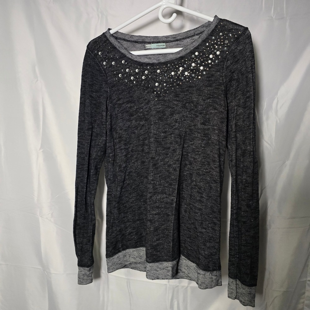 Maurices Womens Medium Gray Marl Rhinestone Embellished Long Sleeve Top Stretch‎